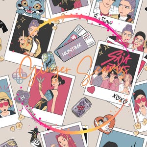 May include: A seamless pattern featuring stylized illustrations of people, tickets, and soda cans, arranged in a grid. The design includes the text "Ginger Spice" and "HUNTRAK" on tickets. The color palette includes pink, orange, and blue.