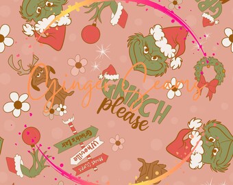 以下が含まれることがあります： ピンクの背景に、グリンチ、マックス犬、クリスマスの飾り物が繰り返し描かれたパターン。パターン全体に「グリンチお願い」というテキストが繰り返されている。