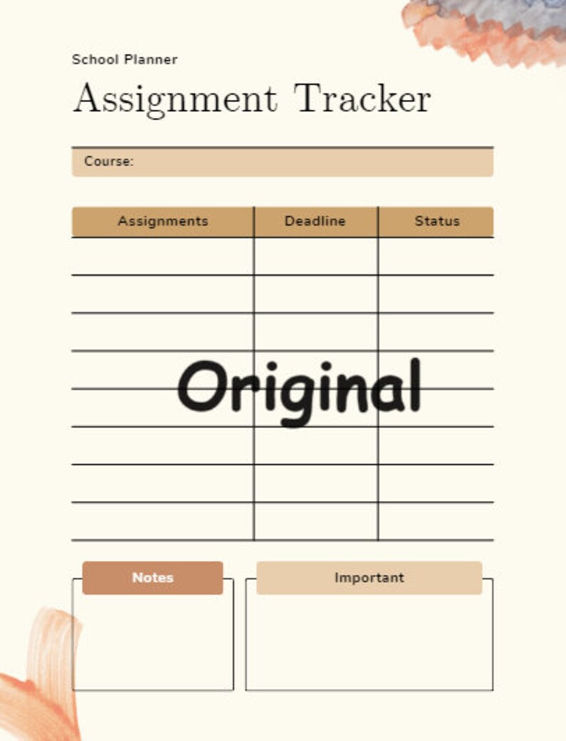 Pode incluir: Uma p&aacute;gina de planejador escolar imprim&iacute;vel com o t&iacute;tulo "Assignment Tracker". A p&aacute;gina tem uma se&ccedil;&atilde;o para o nome do curso, as tarefas, os prazos e o status. Tamb&eacute;m h&aacute; se&ccedil;&otilde;es para notas e informa&ccedil;&otilde;es importantes.
