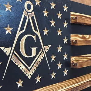 Freemason Masonic Square and Compass Wooden American Flag Challenge Coin Display, Holds 90-100 Coins, High Quality, Custom Handmade in Texas