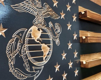 Expositor de madera con la bandera estadounidense de los Marines de EE. UU., diseño discreto, con capacidad para 90-100 monedas, de alta calidad, hecho a mano en Texas.