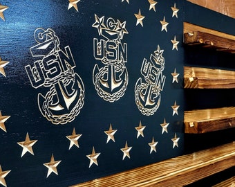 Expositor de monedas de madera con bandera estadounidense de la Armada de los Estados Unidos, con capacidad para 90-100 monedas, de alta calidad, hecho a mano en Texas.