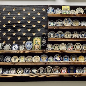 Charred Natural Finish Wooden American Flag Challenge Coin Display, Holds 90-100 Coins, High Quality, Custom Handmade in Texas
