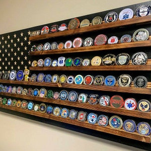 Subdued Wooden American Flag Challenge Coin Display, Holds 90-100 Coins, High Quality, Custom Handmade in Texas