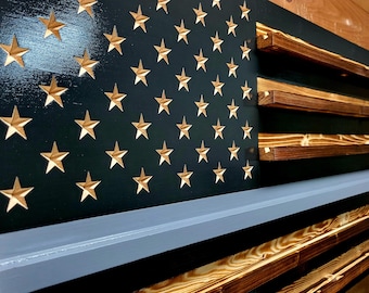 Thin Gray Line Wooden American Flag Challenge Coin Display, Holds 90-100 Coins, High Quality, Custom Handmade in Texas