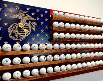 Exhibidor de madera con bandera de pelotas de golf estadounidenses del Cuerpo de Marines de los Estados Unidos, capacidad para 87 pelotas
