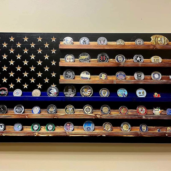 Thin Blue Line Challenge Coin Display Flag, Holds 90-100 Coins