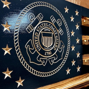 United States Coast Guard Subdued Wooden American Flag Challenge Coin Display, Holds 90-100 Coins, High Quality, Custom Handmade in Texas