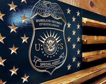 Expositor de monedas de madera con bandera estadounidense de Agente Especial de Seguridad Nacional (HSI), con capacidad para 90-100 monedas, de alta calidad, hecho a mano en Texas.