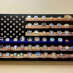 Thin Blue Line Wooden American Flag Challenge Coin Display, Holds 90-100 Coins, Custom Handmade in Texas