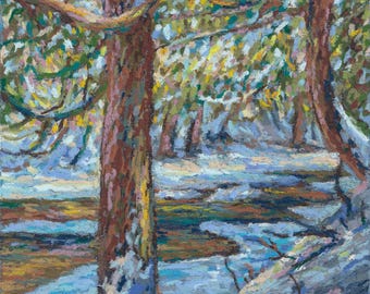 Snowy Golden Pines - Original 6x9" Impressionist Oil Pastel Landscape Painting on Paper