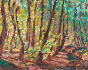Glowing Wooded Trail - Original 6x9" Impressionist Oil Pastel Landscape Painting on Paper