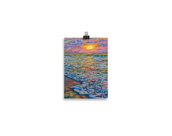 Golden Beach Sunset - Impressionist Oil Pastel Landscape Artwork - Poster Print
