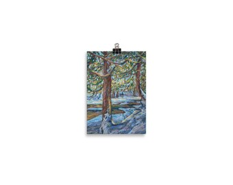 Snowy Golden Pines - Impressionist Oil Pastel Landscape Artwork - Poster Print