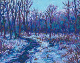 Icy Blue Stream - Original 6x9" Impressionist Oil Pastel Landscape Painting on Paper