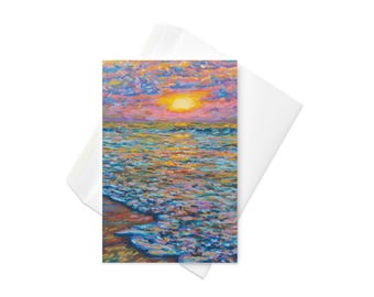 Golden Beach Sunset - Greeting card - Impressionist Oil Pastel Landscape Artwork