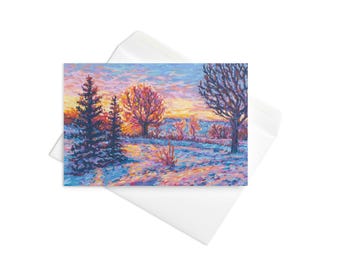 Warm Winter Sunrise - Greeting card - Impressionist Oil Pastel Landscape Artwork