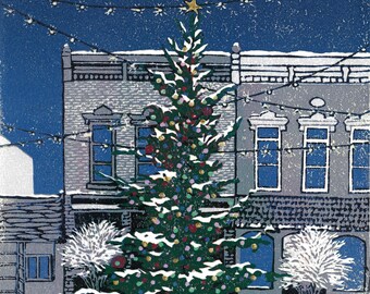 Christmas on Main Street Original Block Print