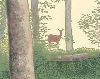 Deer in the Woods Original Block Print