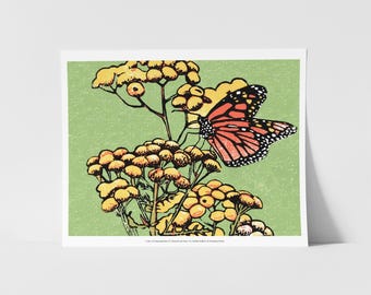 Monarch Butterfly on Yellow Flower Block Print Fine Art Print