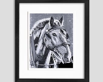 Horse in Monochrome Original Block Print