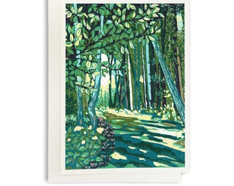 May include: A green and blue woodblock print of a forest path with trees and foliage. The path leads into the distance with dappled sunlight on the ground.