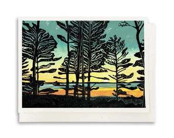 Northern Michigan Sunset Block Print Blank Greeting Card