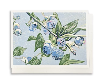 Blueberries Block Print Blank Greeting Card