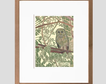 Hidden Owl Original Block Print