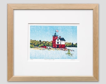 Round Island Light Original Block Print