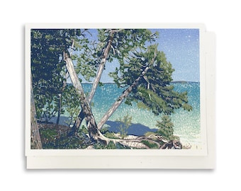Cedar Trees on a Rocky Beach Block Print Blank Greeting Card