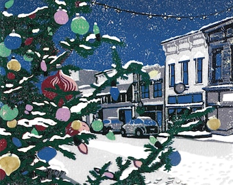 Small Town Christmas Original Block Print