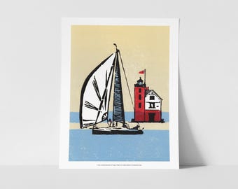 Sailboat & Round Island Lighthouse Block Print Fine Art Print