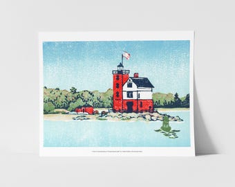 Round Island Lighthouse Block Print Fine Art Print