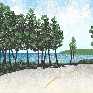 May include: A woodblock print of a winding road leading to a view of a blue lake with a green hillside in the background.  The road is lined with trees on both sides.