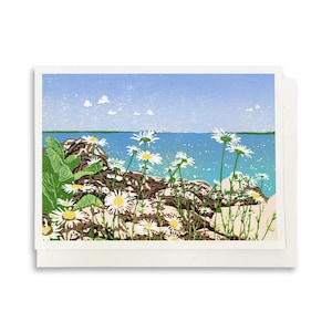 May include: A rectangular greeting card featuring a printed illustration of white daisies with yellow centers growing among rocky terrain. The background depicts a calm blue body of water under a clear sky with a distant shoreline visible in the horizon.