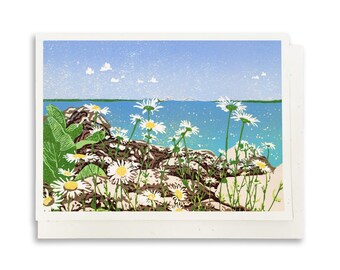 Daisies on a Michigan Beach Block Print Blank Greeting Card
