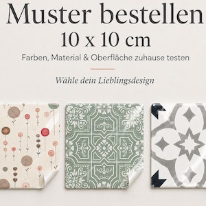 May include: Three square tile samples measuring 10 x 10 cm. The left tile has a cream background with small red, brown, and teal floral stems. The centre tile features a sage green geometric pattern. The right tile has a white and grey star design.