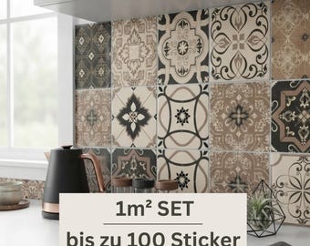 EMILIA - Large Set of Vintage Patchwork Brown Tile Stickers | Up to 100 Pieces | Custom Size | Water & Scratch Resistant, Opaque, Removable