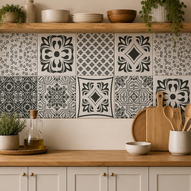 May include: A kitchen backsplash featuring a grid of square tiles with various black and white geometric and floral patterns. The setup includes a wooden countertop, a glass oil cruet, a potted plant, wooden cutting boards, and wooden spoons.