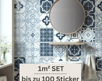 EMILIA - Large Set of Vintage Patchwork PETROL Tile Stickers | Up to 100 Pieces | Custom Size | Water & Scratch Resistant, Opaque, Removable