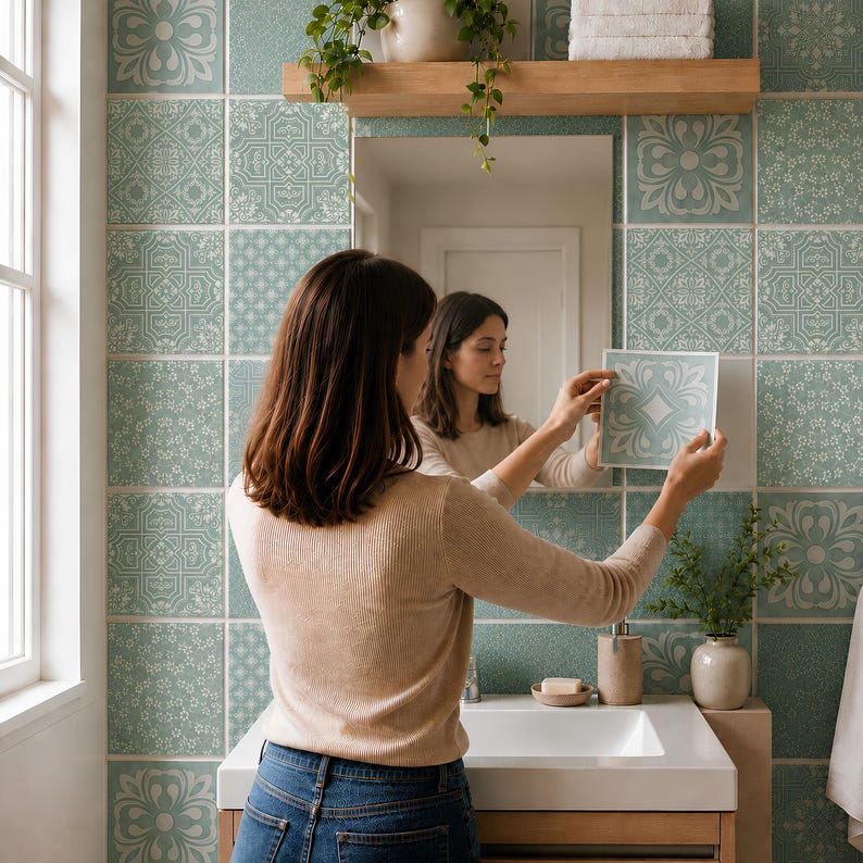 May include: A square tile featuring a light sage green and white floral pattern with a central diamond motif. The tile is held up against a wall covered in matching sage green and white patterned square tiles in a bathroom setting.