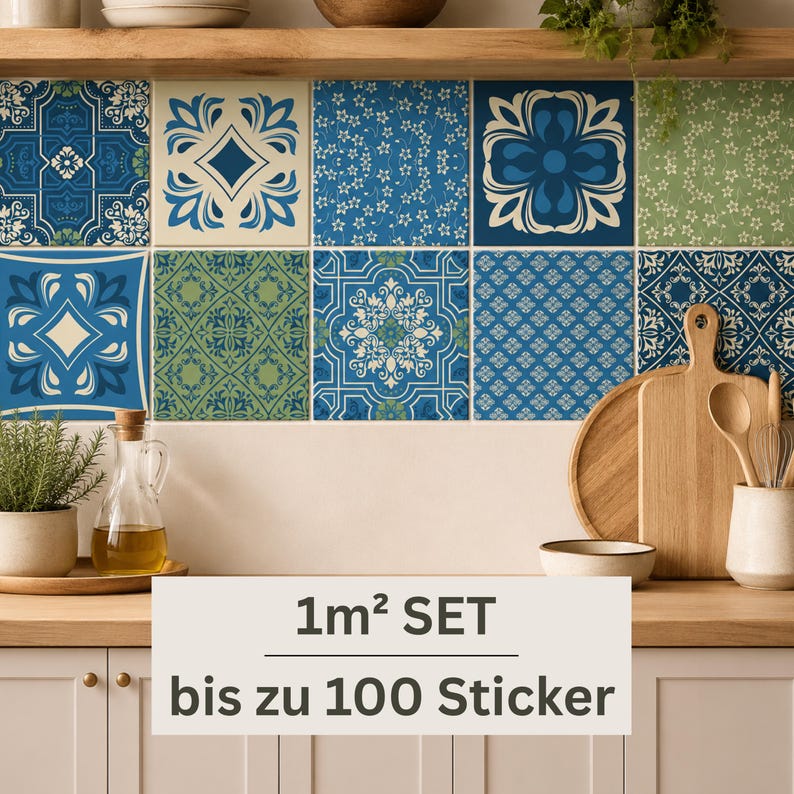 May include: A set of square wall stickers featuring a variety of blue, green, and cream geometric and floral patterns. The text on the overlay reads 1m&sup2; SET bis zu 100 Sticker. These decorative tiles are arranged in a grid on a kitchen wall.