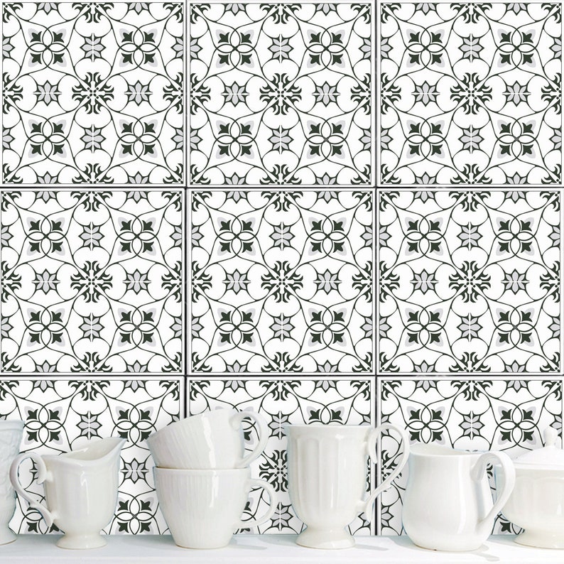 Tile stickers Eloise-White/Black/Grey, 10 pieces image 1