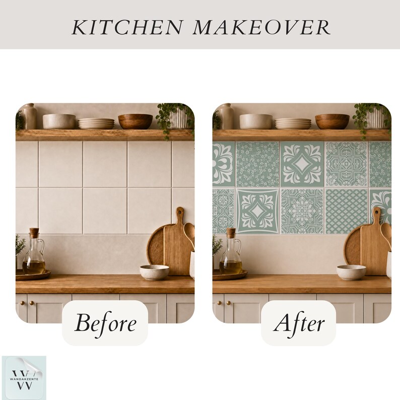 May include: A side-by-side comparison labelled KITCHEN MAKEOVER showing a kitchen backsplash before and after applying decorative square tile stickers. The after image features sage green and white patterned tiles with various geometric designs.
