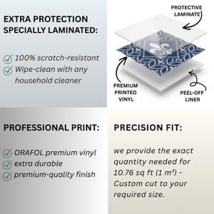 May include: A product information graphic detailing a blue and white fleur-de-lis patterned vinyl tile. It shows a three-layer construction: a protective laminate, the premium printed vinyl, and a peel-off liner. Text highlights scratch resistance, wipe-clean maintenance, ORAFOL vinyl material, and coverage of 1 m&sup2;.