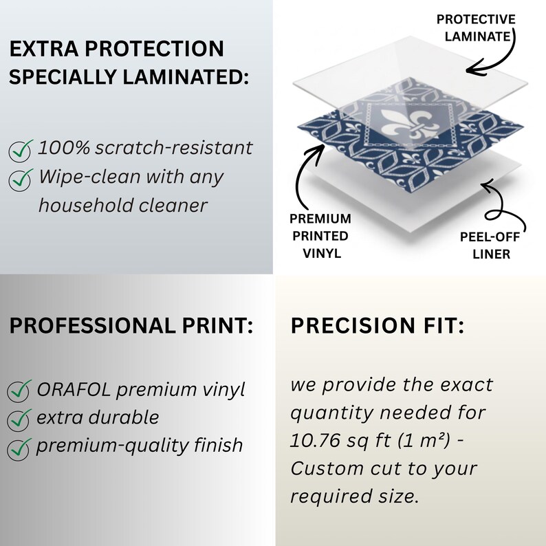 May include: A product information graphic detailing a blue and white fleur-de-lis patterned vinyl tile. It shows a three-layer construction: a protective laminate, the premium printed vinyl, and a peel-off liner. Text highlights scratch resistance, wipe-clean maintenance, ORAFOL vinyl material, and coverage of 1 m&sup2;.