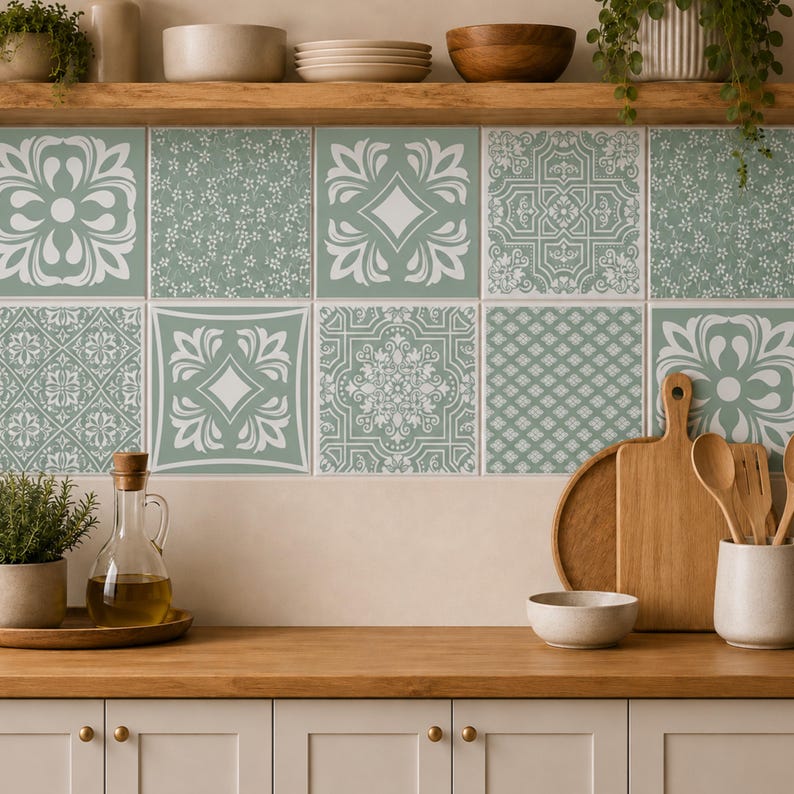 May include: A kitchen backsplash featuring a grid of square tiles in sage green and white. The tiles display a variety of patterns, including floral motifs, geometric shapes, and intricate scrollwork, creating a cohesive decorative wall surface.