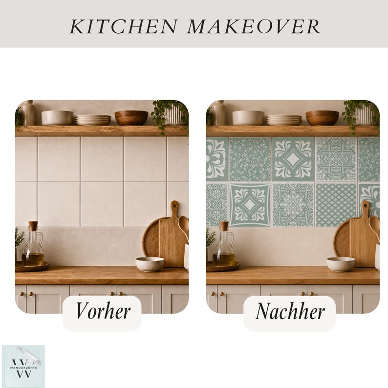 May include: A side-by-side comparison labeled KITCHEN MAKEOVER with Vorher and Nachher. The left shows plain beige square wall tiles. The right shows the same wall covered with sage green and white patterned square tile stickers featuring floral motifs.