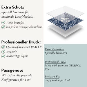 May include: A layered diagram showing a square tile with a blue and white fleur-de-lis pattern. Text in German and English details product features including extra protection, professional printing with ORAFOL films, and a precision fit for 1 m&sup2;.